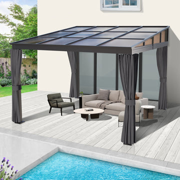 10'x 10' Wall Mounted Gazebo, Lean to Gazebo with Aluminum Frame, Polycarbonate Hardtop Gazebos Pergola with Sloping Roof for Outdoor, Mazonvintage, Patio