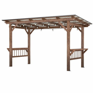 13' x 6.5' Wooden Grill Gazebo with Metal Roof, Bulbs & Bar Counters - Weather-Resistant BBQ Shelter