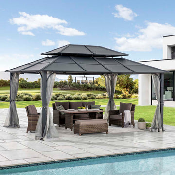 Mazonvintage 12x16 Hard Top Gazebo with Steel Roof, Ceiling Hook, and Netting - Black