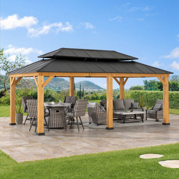 Mazonvintage 12x20 Aluminum Hardtop Gazebo with Dual Rails and Ceiling Hook - Natural Cedar