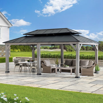Mazonvintage 12x20 Aluminum Hardtop Gazebo with Dual Rails and Ceiling Hook - Driftwood Cedar