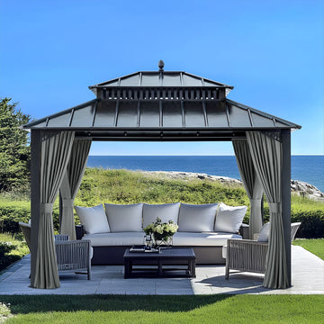 Mazonvintage Kingston 12x10 Gazebo with Netting & Curtain | Steel Roof - Gray Aluminum Posts