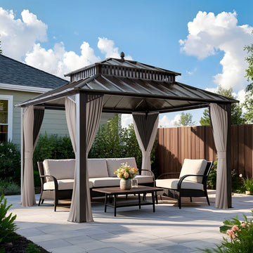 Mazonvintage Kingston 12x10 Gazebo with Netting & Curtain | Steel Roof - Brown Aluminum Posts