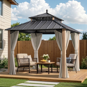 Mazonvintage Kingston 10x10 Gazebo with Netting & Curtain | Steel Roof - Woodgrain Aluminum Posts