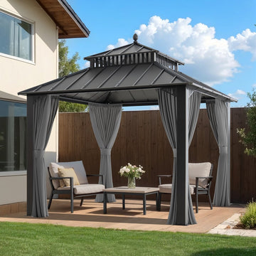Mazonvintage Kingston 10x10 Gazebo with Netting & Curtain | Steel Roof - Gray Aluminum Posts