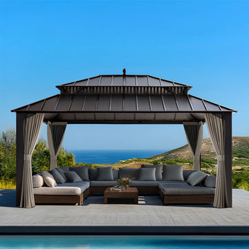 MazonvintageKingston 12x16 Gazebo with Netting & Curtain | Steel Roof - Brown Aluminum Posts