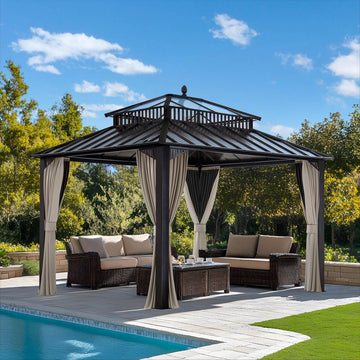 Mazonvintage Kingston 12x10 Gazebo with Netting & Curtain | Steel & PC Roof - Brown Aluminum Posts