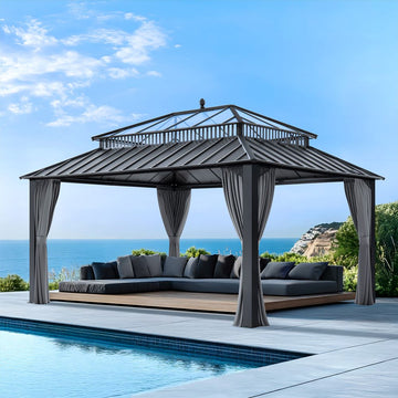 Mazonvintage Kingston 12x16 Gazebo with Netting & Curtain | Steel & PC Roof - Gray Aluminum Posts