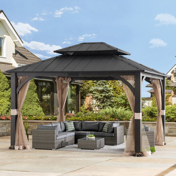Mazonvintage 15x13 Hardtop Steel Gazebo with Netting, Ceiling Hook & Realistic Woodgrain Finish