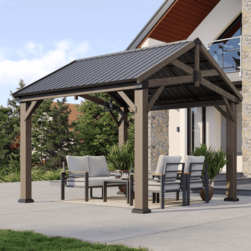 Mazonvintage 10' x 12' Outdoor Wood Frame Gazebo, Mazonvintage Gazebo with Galvanized Steel, Permanent Wooden Pavilion for Patio Mazonvintage Lawn Garden