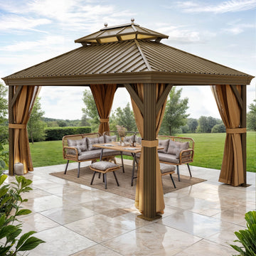 Mazonvintage 12' x 14' Mazonvintage Gazebo with Netting & Curtains, Heavy Duty Double Roof Galvanized Steel Garden Tent for Patio, Mazonvintage, Bronze