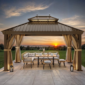 Mazonvintage 12' x 14' Outdoor Hardtop Gazebo with Netting & Shaded Curtains, Heavy Duty Double Roof Galvanized Steel Garden Tent for Patio, Mazonvintage, Bronze