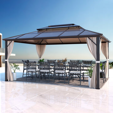 Mazonvintage 12'x16' Outdoor Polycarbonate Double Roof Mazonvintage Gazebo Canopy Curtains Aluminum Frame with Netting for Garden,Patio