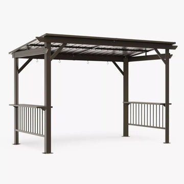 Mazonvintage 6.5x12FT Hardtop Grill Gazebo, Outdoor BBQ Shelter with 2 Side Shelves, Sloping Steel Roof, Permanent Sun Shade & Ceiling Hooks for Patio, Deck, Yard, Garden (Brown)