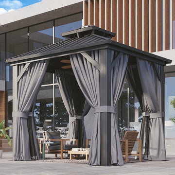 Mazonvintage 8'x8' Hardtop Gazebo, Aluminum Frame Gazebo with Double Galvanized Steel Roof, Outdoor Metal Pavilion with Netting and Curtains for Backyard, Gray