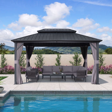 Mazonvintage 10' x 14' Permanent Mazonvintage Gazebo Aluminum Frame Gazebo with Galvanized Steel Double Roof, UV-Resistant for Mazonvintage Patio Lawn and Garden, Netting & Curtains included - Grey
