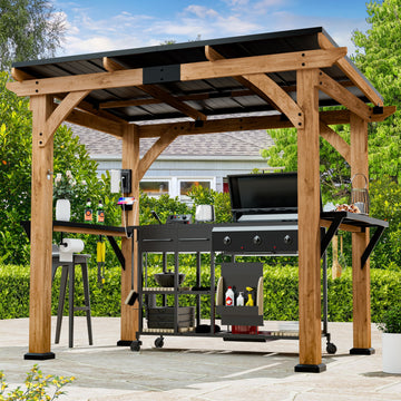 Mazonvintage Shade Grill Gazebo 6' X 8', Cedar Wood Gazebo with Shelves and Paper Towel Holder, Patio Gazebo with Galvanized Steel Roof, USB and USB-C Charging Ports, BBQ Gazebo for Patio Backyard