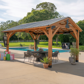 Wooden Outdoor Gazebo – Poolside Pavilion with Metal Roof, Patio Dining Shelter