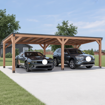 Double Wooden Carport – 2-Car Shelter with Flat Roof, Outdoor Driveway Cover