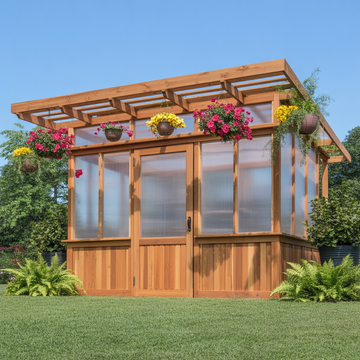 Wooden Greenhouse with Polycarbonate Panels β Outdoor Garden Shed with Pergola Roof & Hanging Flower Planters