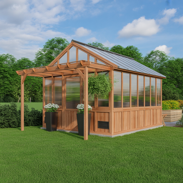 Large Cedar Wood Greenhouse with Polycarbonate Panels – Outdoor Garden Shed with Gable Roof & Pergola Entrance
