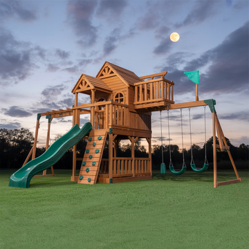 Deluxe Wooden Swing Set with Double Towers, Green Slide, Rock Wall & Swings – Outdoor Kids Playhouse
