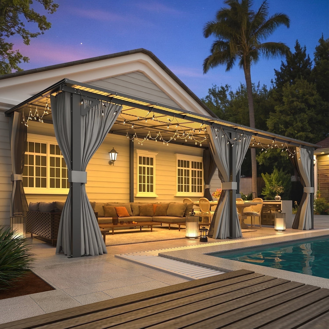 Mazonvintage 20' x 12' Lean to Gazebo with Netting and Curtain Outdoor Mazonvintage Gazebo Aluminum Metal Pergola ​For Garden, Patio, Mazonvintage-​Dark ​Gray