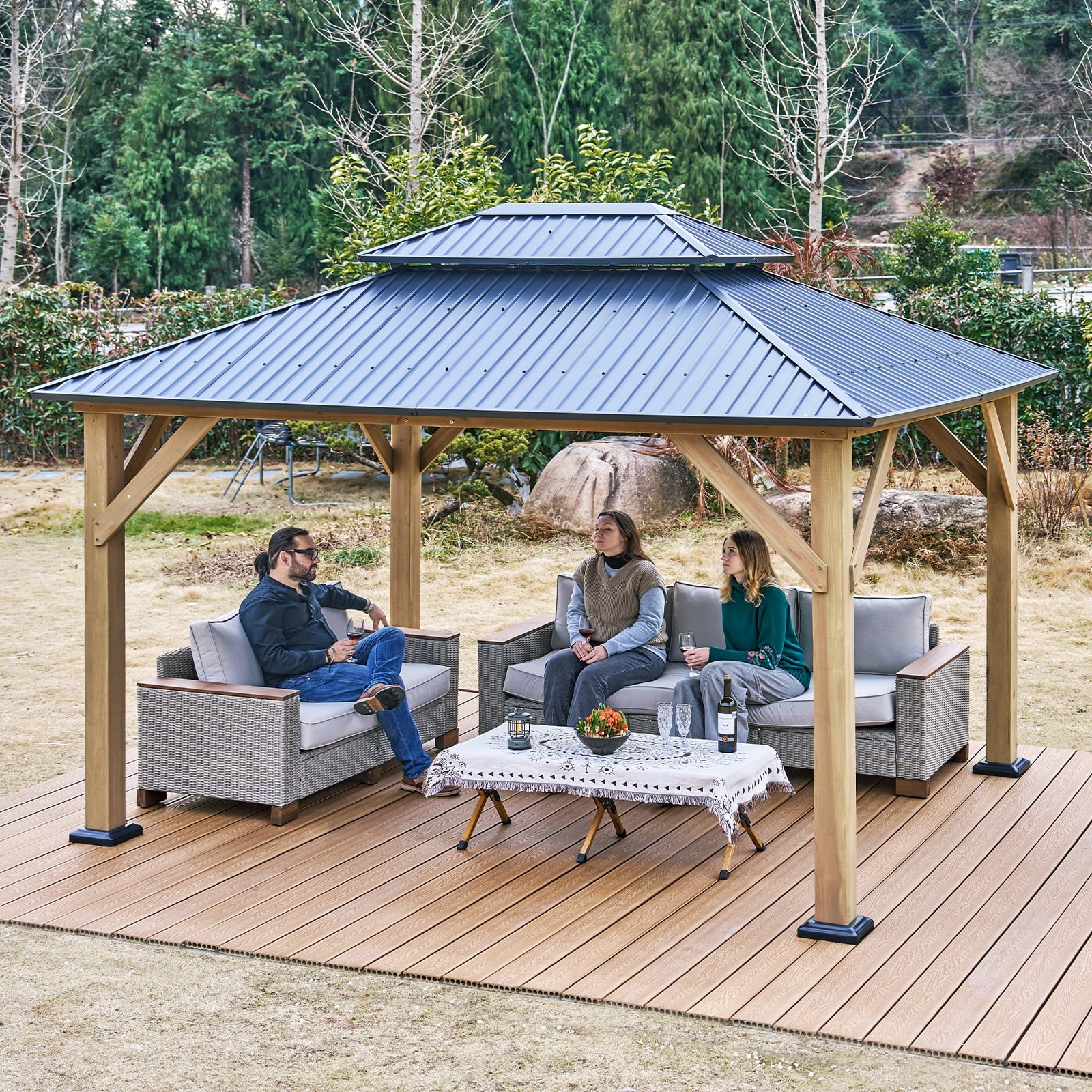 Mazonvintage Wood Gazebo 13'x15', Wind & Rain Resistant Design, Grill Gazebo for Garden, Mazonvintage