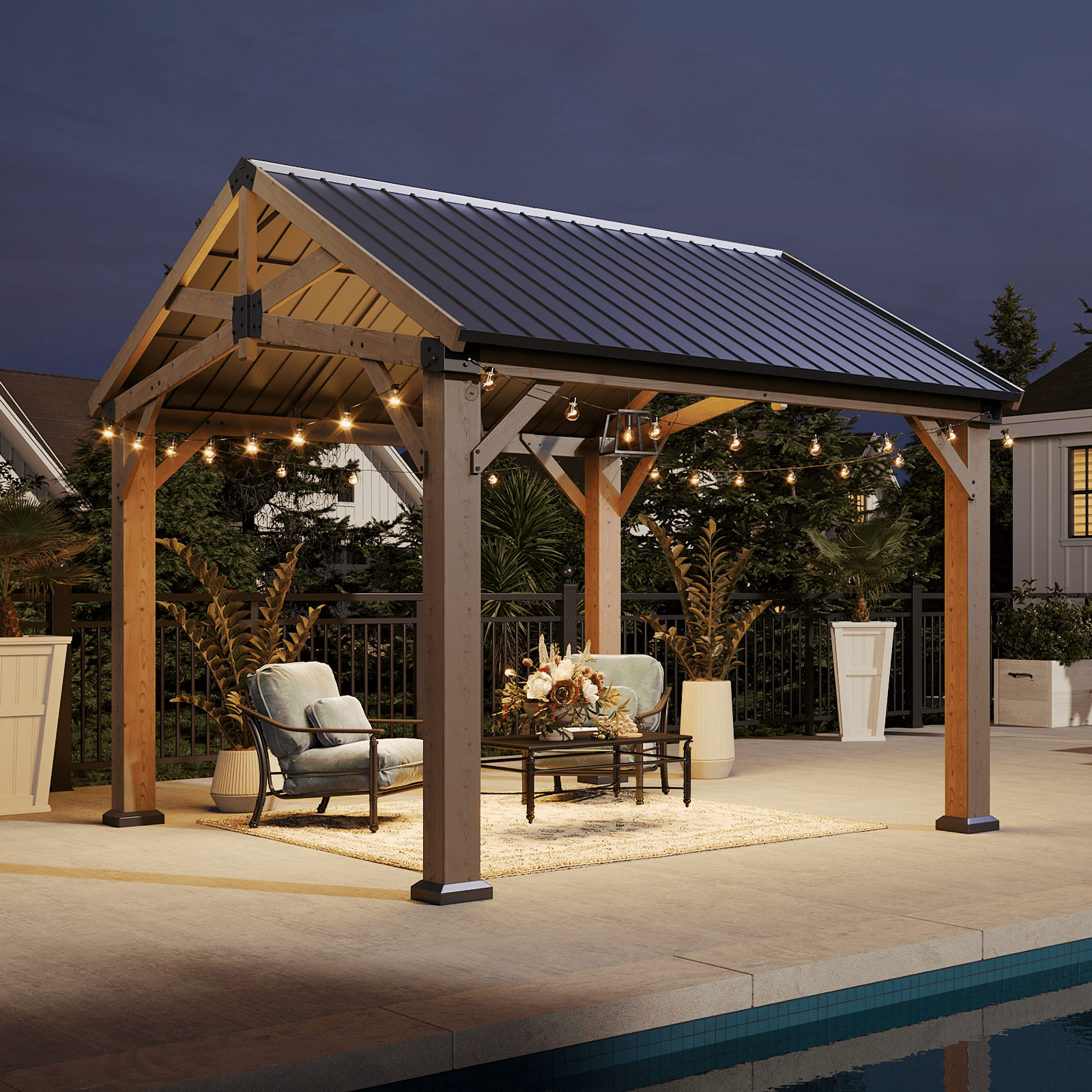 Mazonvintage 10' x 12' Outdoor Wood Frame Gazebo, Mazonvintage Gazebo with Galvanized Steel, Permanent Wooden Pavilion for Patio Mazonvintage Lawn Garden