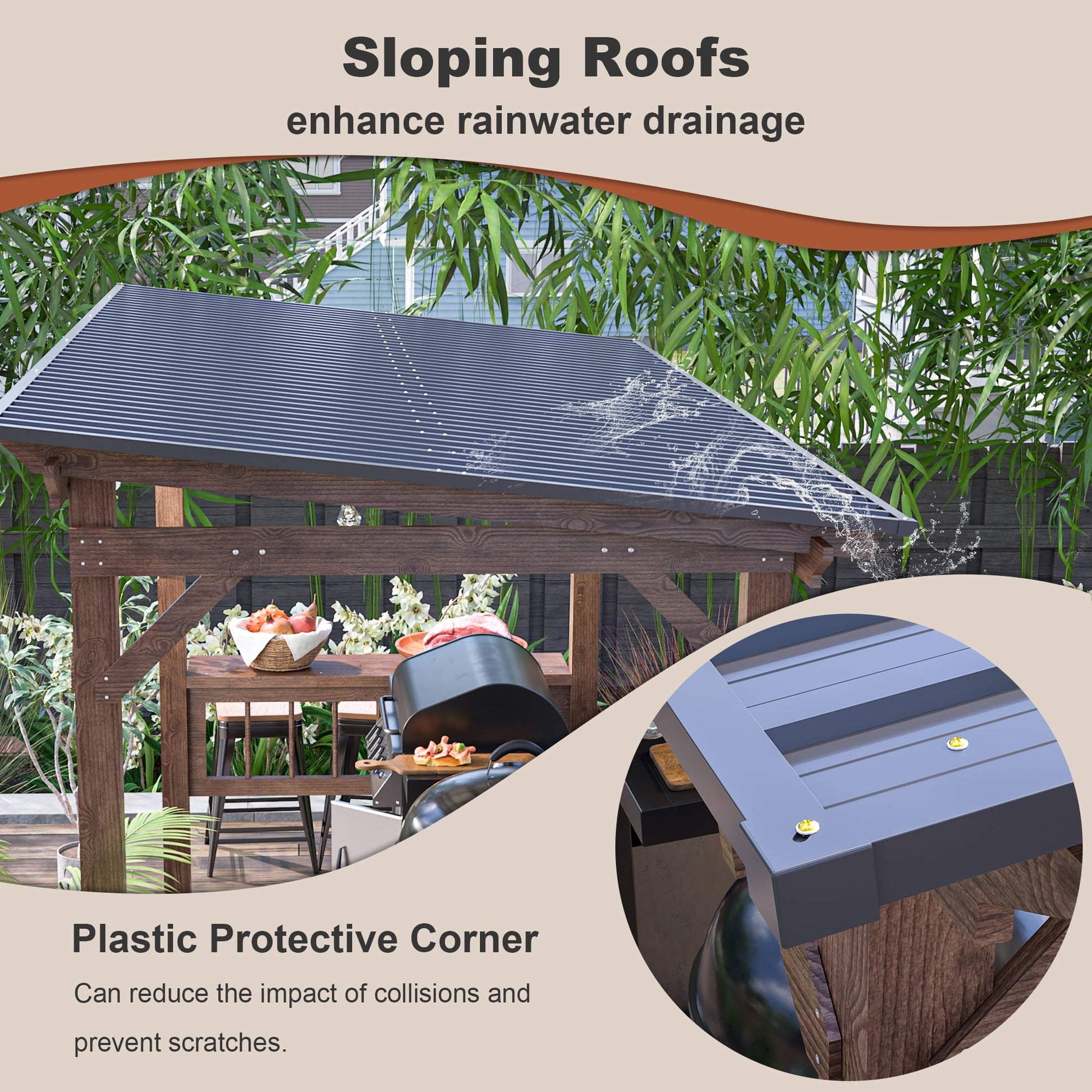 13' x 6.5' Wooden Grill Gazebo with Metal Roof, Bulbs & Bar Counters - Weather-Resistant BBQ Shelter