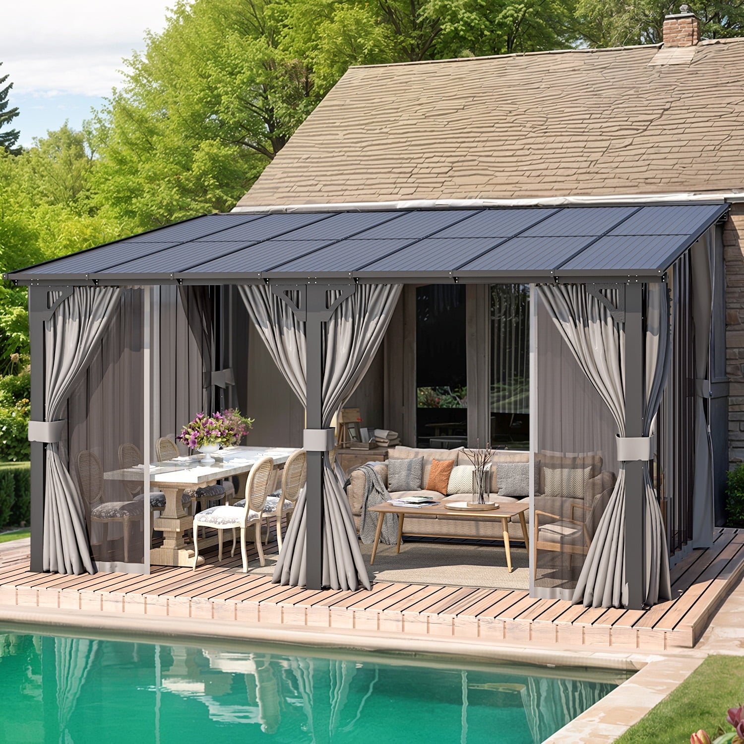 Mazonvintage 14' x 10' Lean to Gazebo with Netting and Curtain Outdoor Hardtop Gazebo Aluminum Metal Pergola ​For Garden, Patio, Backyard-​Dark ​Gray