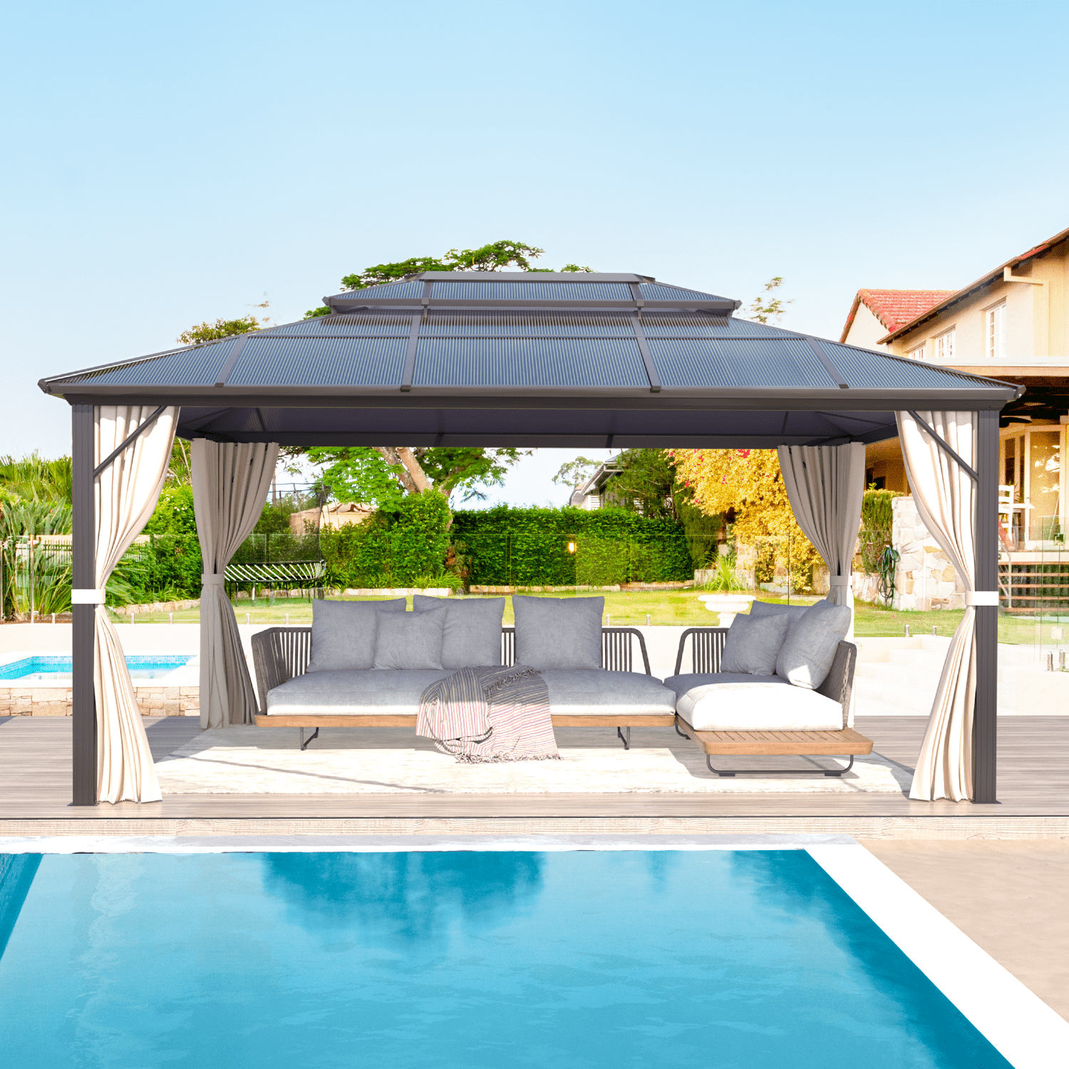 Mazonvintage 12'x16' Outdoor Polycarbonate Double Roof Mazonvintage Gazebo Canopy Curtains Aluminum Frame with Netting for Garden,Patio