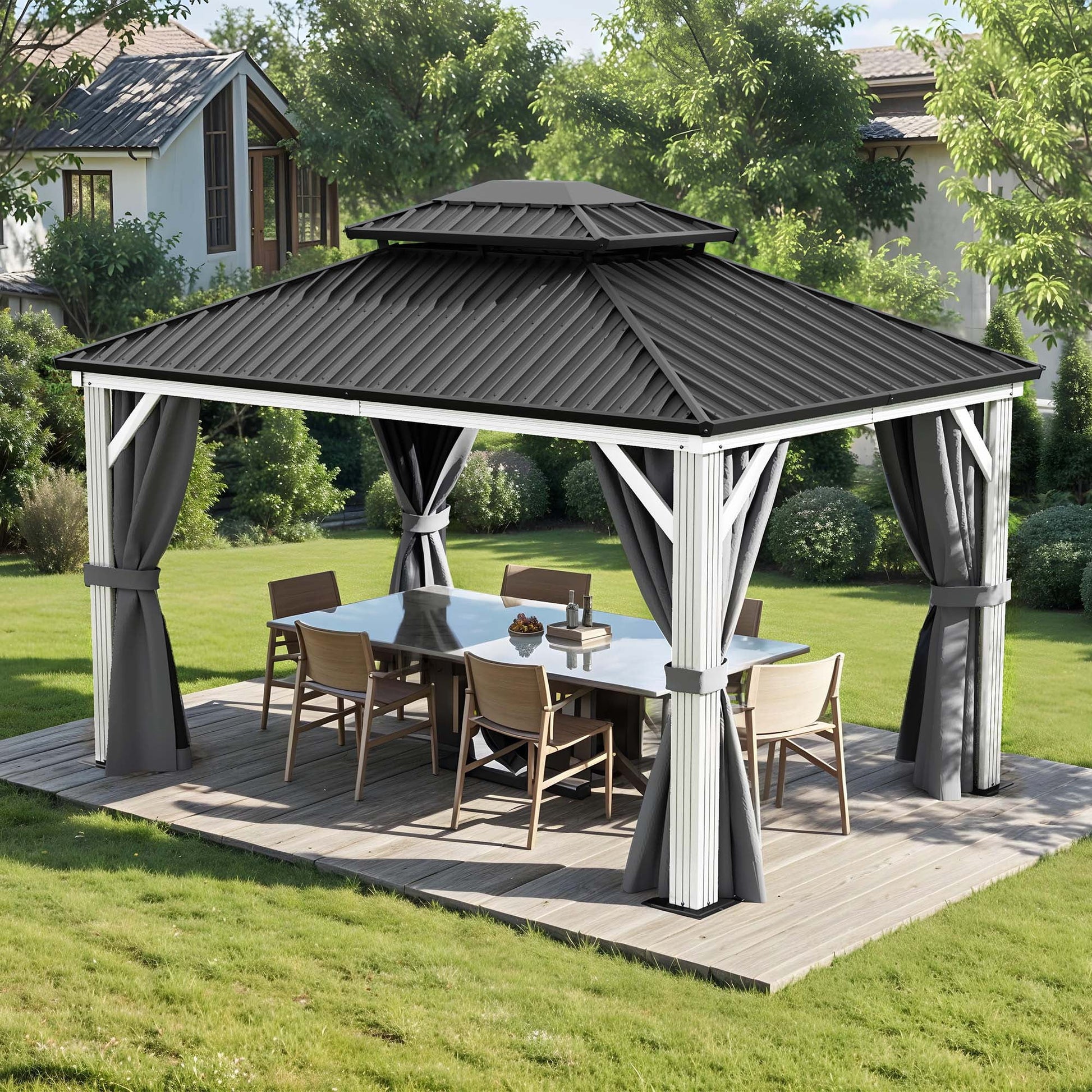 Mazonvintage 10x12 FT Outdoor Hardtop Gazebo,Double Roof Canopy, Aluminum Frame Patio Gazebo with Netting & Gray Curtains, Sunshade for Garden, Patio, Lawns, White&Gray