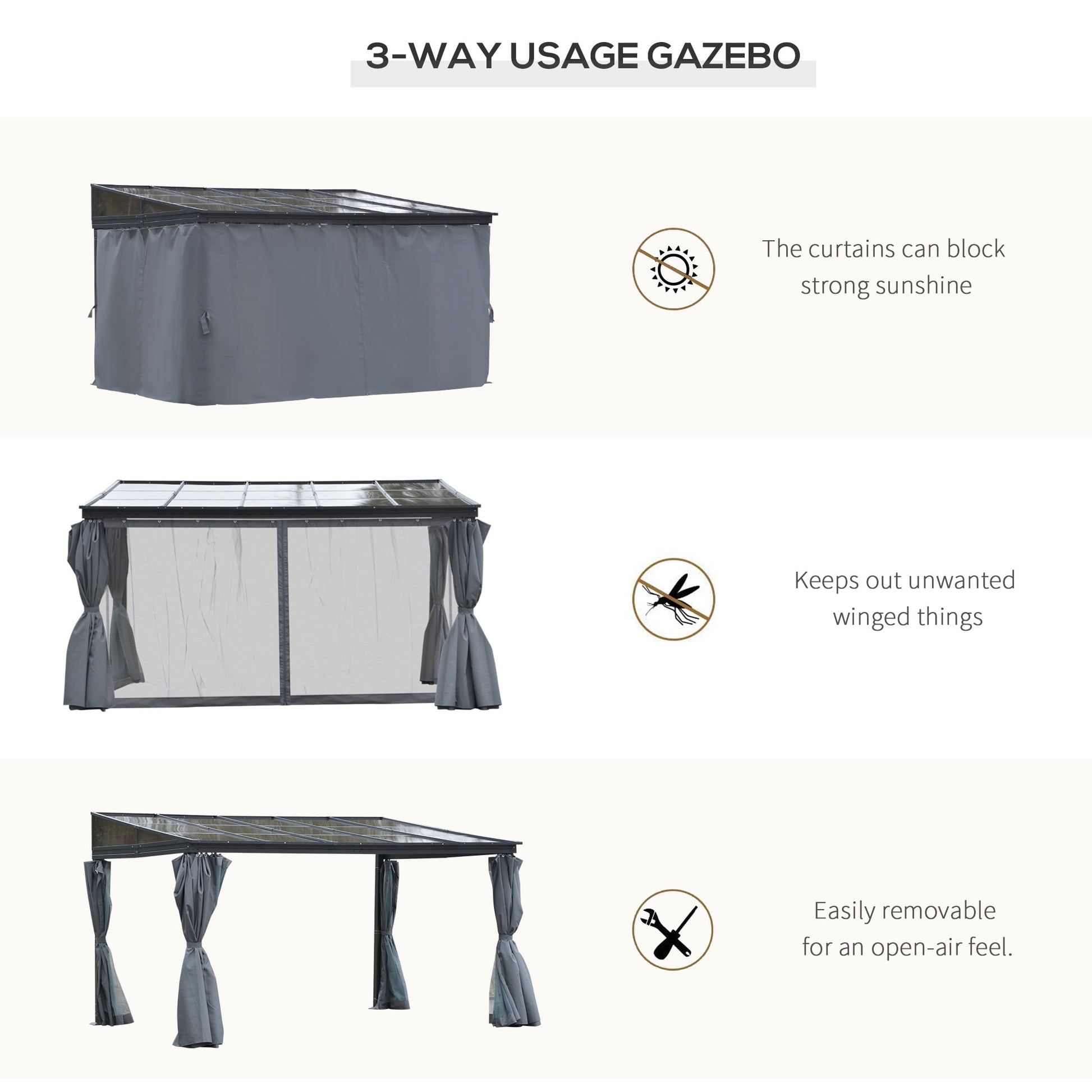 Mazonvintage 10' x 13' Outdoor Patio Gazebo with Sloping Polycarbonate Roof, Durable Aluminum Frame, & Netting Curtain