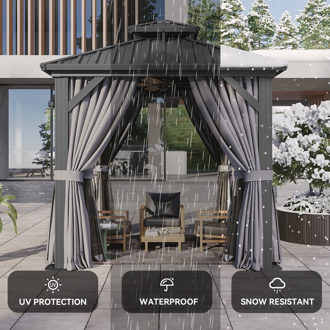 Mazonvintage 8'x8' Hardtop Gazebo, Aluminum Frame Gazebo with Double Galvanized Steel Roof, Outdoor Metal Pavilion with Netting and Curtains for Backyard, Gray