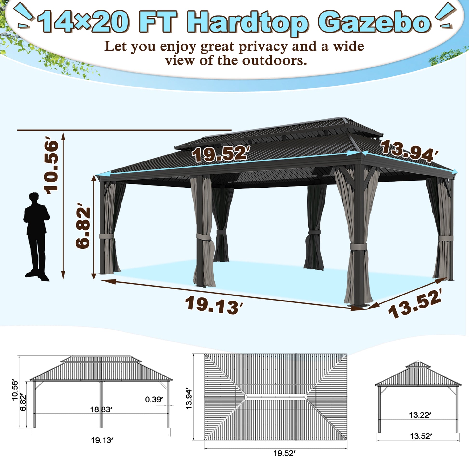 Mazonvintage 20' x 14' Double Roof Hardtop Gazebo with Gutters and Roof Hooks for Patio, Garden