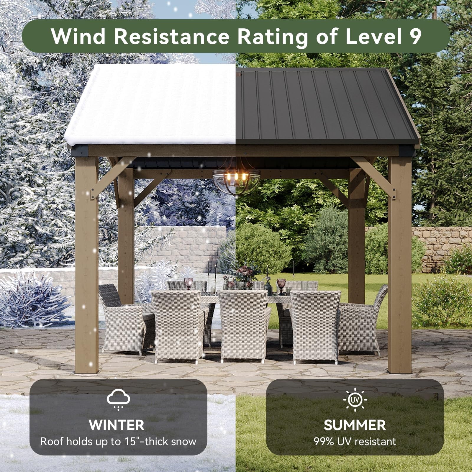Mazonvintage 10' x 12' Outdoor Wood Gazebo, Hardtop Gazebo Permanent Wooden Pavilion with Galvanized Steel Gable Roof, for Patio, Garden, Deck, Cedar Wood