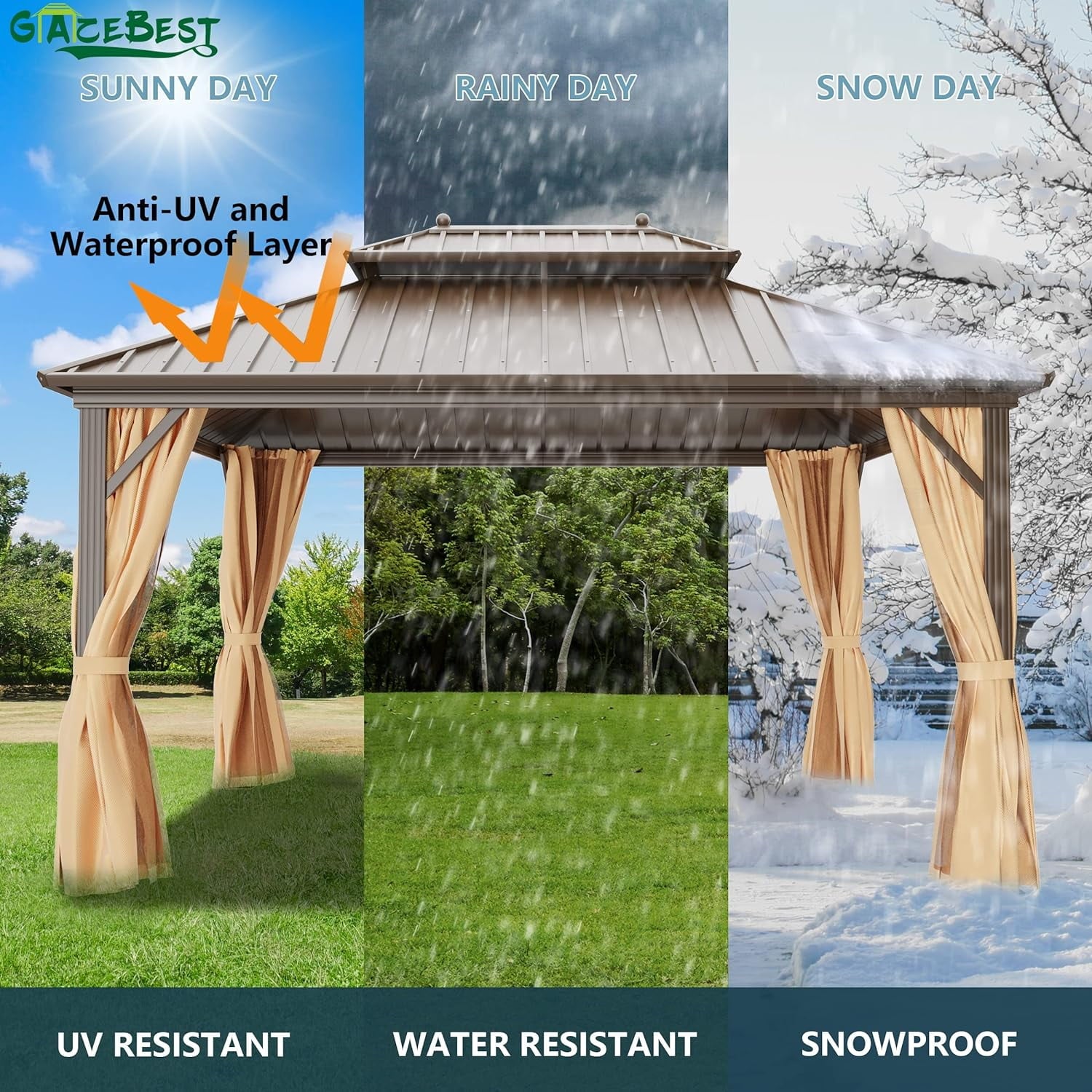 Mazonvintage 12' x 16' Mazonvintage Gazebo, Brown, Double Roof, Galvanized Steel, Netting & Curtains