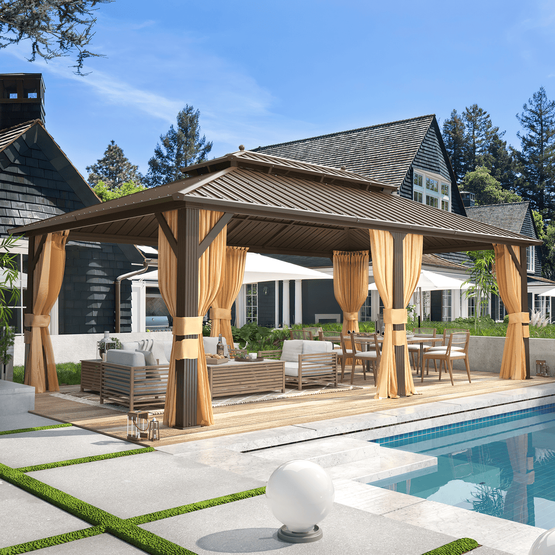 Mazonvintage 12' x 20' Hardtop Gazebo Aluminum Frame Gazebo with Galvanized Steel Double Roof