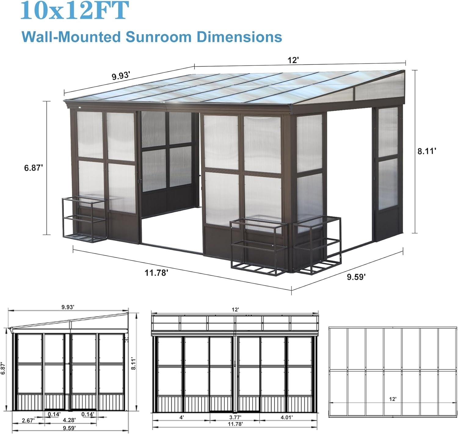 Mazonvintage Sunroom 10x12FT Wall Mounted Gazebo with Detachable Roof and Lockable Sliding Doors for Garden Patio DeckAluminum Lean to Gazebo Sun Room
