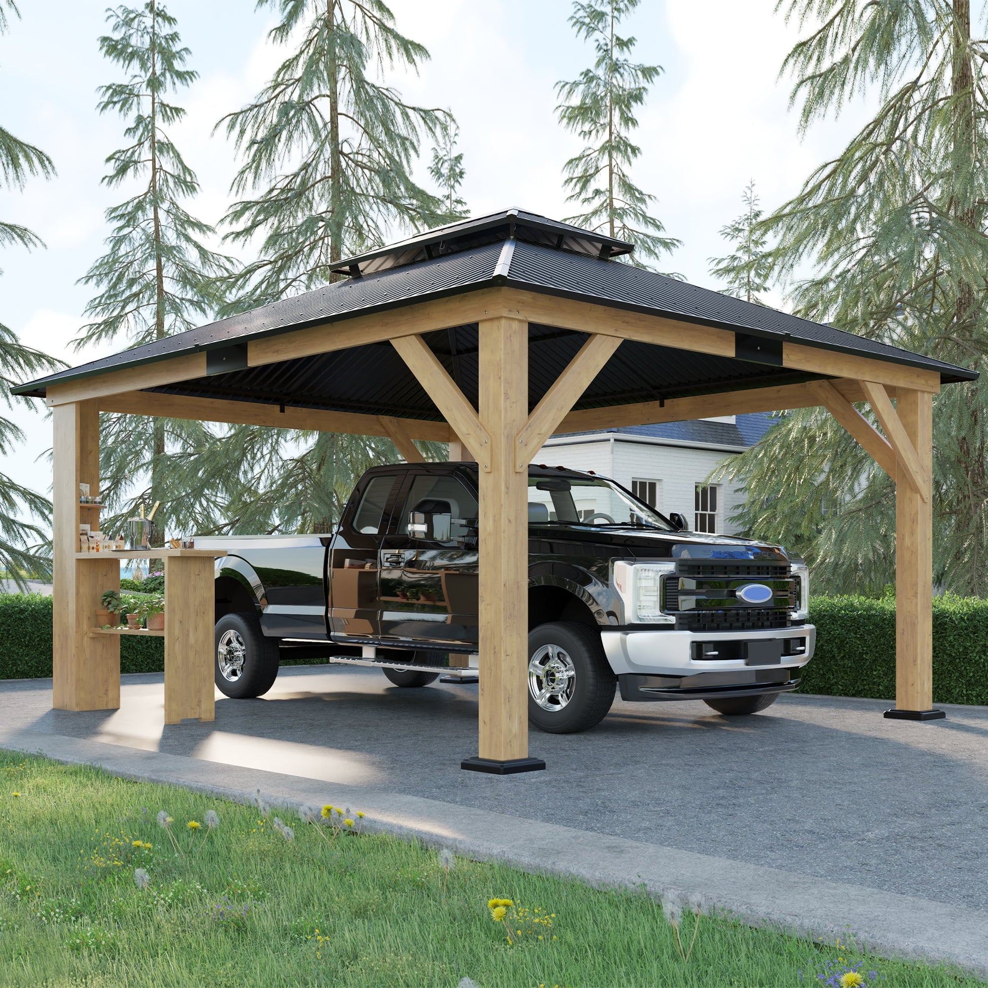 Mazonvintage 13'x15' Wood Gazebo, Mazonvintage Gazebo with Iron Roof Double Roof, Black & Natural Wood