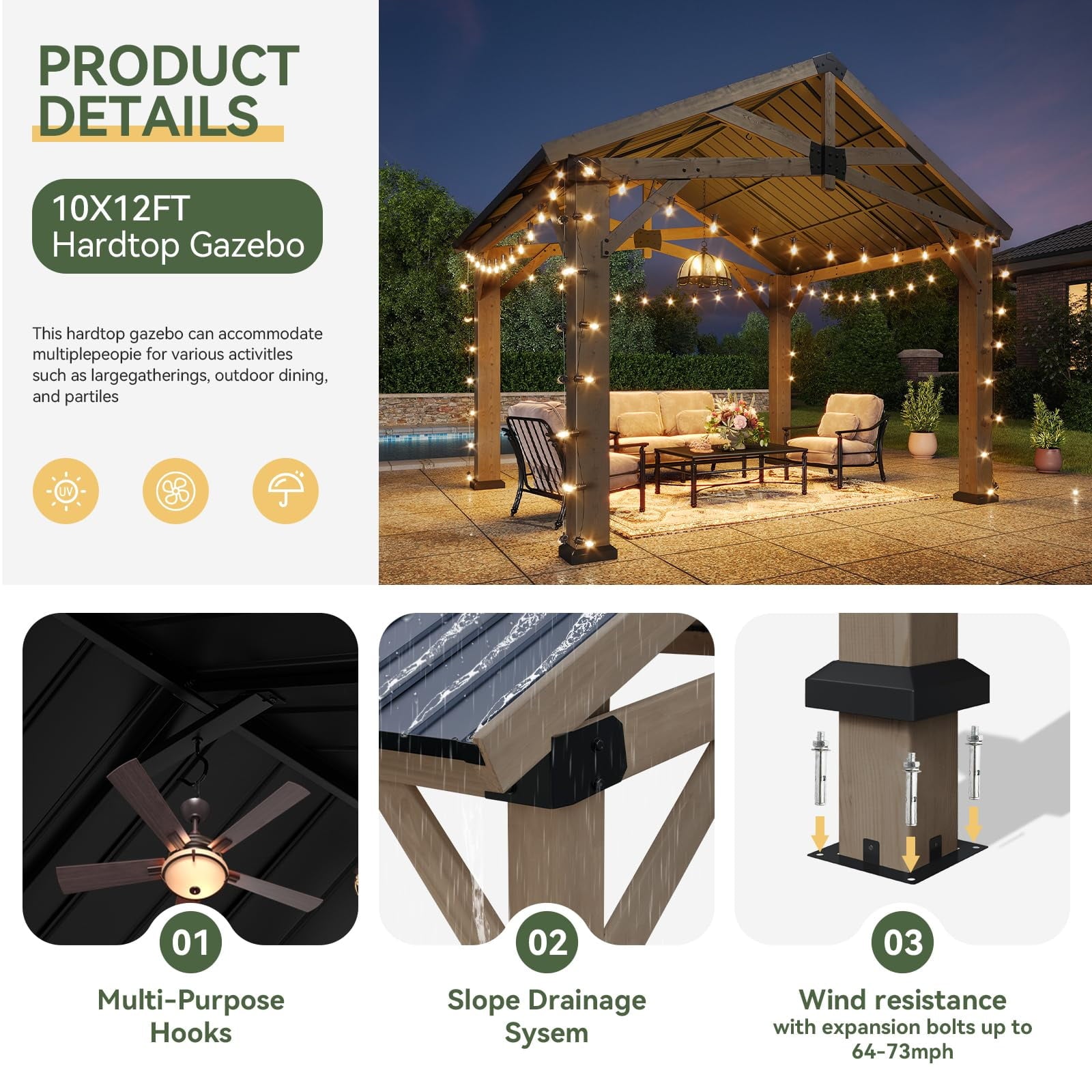 Mazonvintage 10' x 12' Outdoor Wood Gazebo, Hardtop Gazebo Permanent Wooden Pavilion with Galvanized Steel Gable Roof, for Patio, Garden, Deck, Cedar Wood