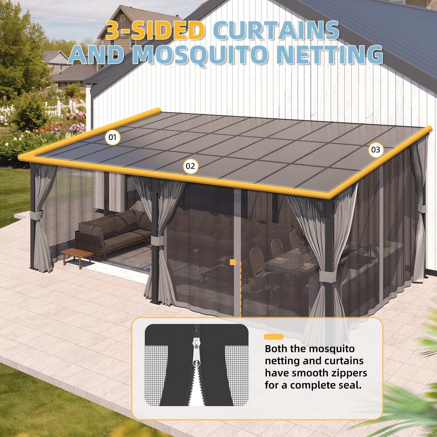 Mazonvintage 20' x 12' Lean to Gazebo with Netting and Curtain Outdoor Mazonvintage Gazebo Aluminum Metal Pergola ​For Garden, Patio, Mazonvintage-​Dark ​Gray