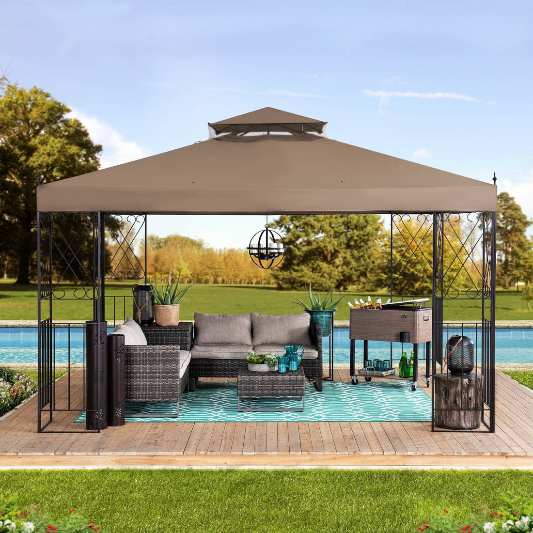 Mazonvintage 10x12 Steel Frame 2-Tier Soft Top Gazebo with Ceiling Hook
