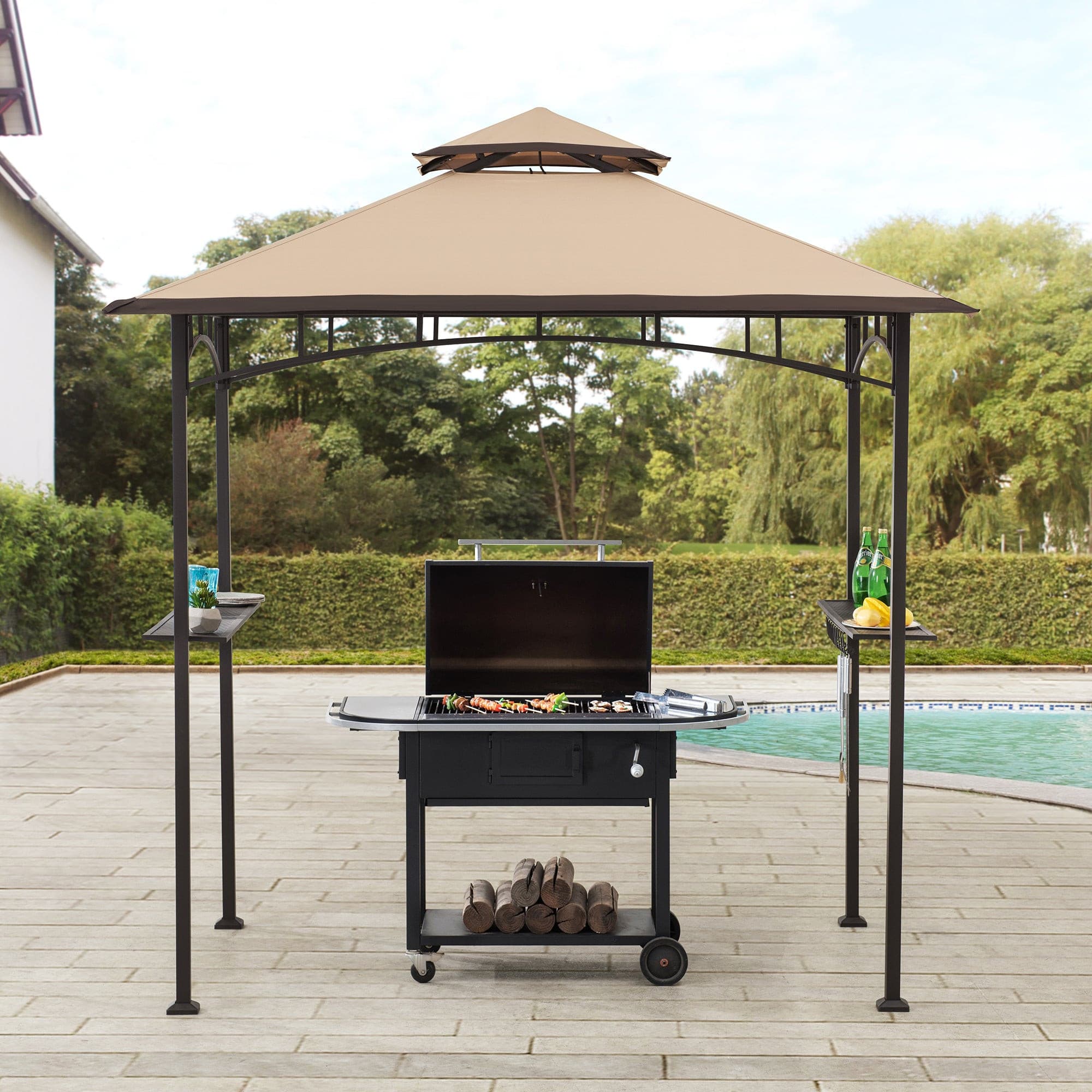 Mazonvintage 5x8 BBQ Grill Gazebo with Bar Shelves and Hooks - Tan & Brown