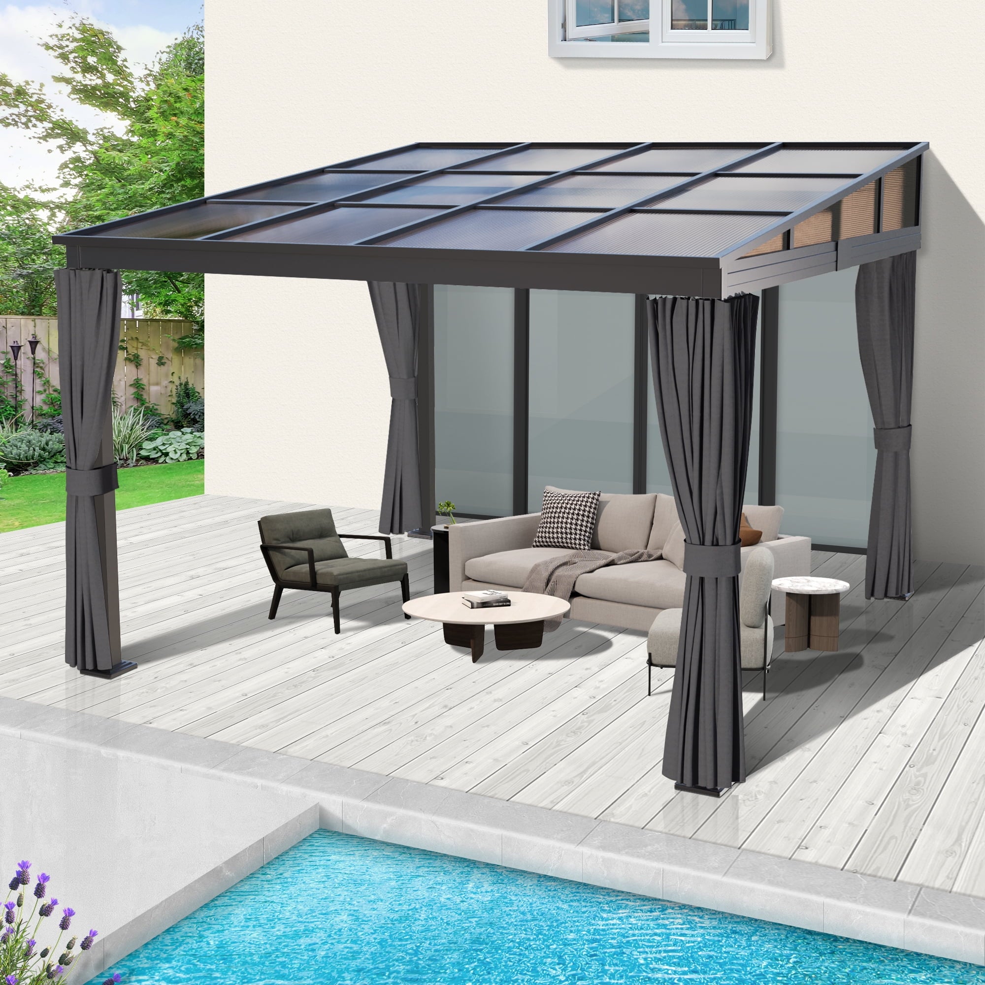 10'x 10' Wall Mounted Gazebo, Lean to Gazebo with Aluminum Frame, Polycarbonate Hardtop Gazebos Pergola with Sloping Roof for Outdoor, Mazonvintage, Patio