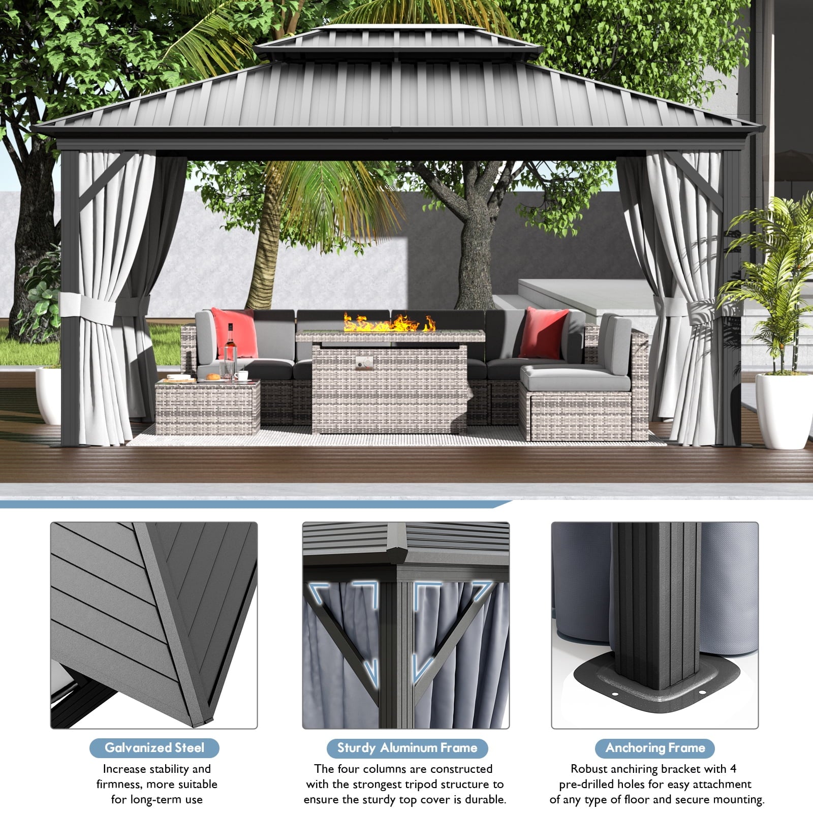 Mazonvintage 12'x16’Outdoor Hardtop Gazebo, Galvanized  Double Roof Aluminum Pavilion with Netting and Curtains for Garden, Patio, Lawns, Gray