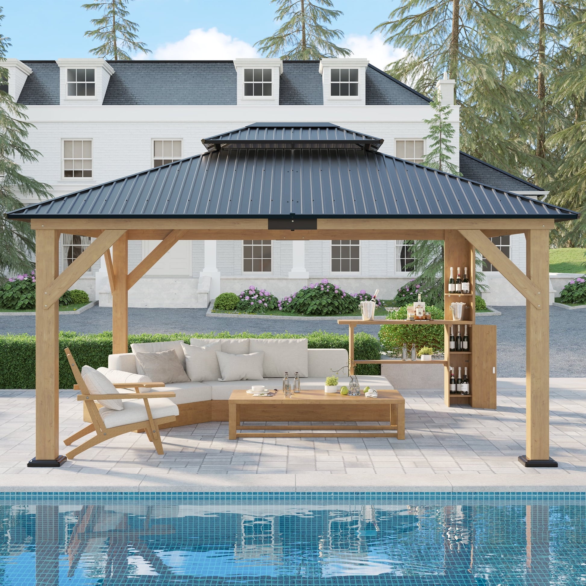 Mazonvintage 13'x15' Wood Gazebo, Mazonvintage Gazebo with Iron Roof Double Roof, Black & Natural Wood