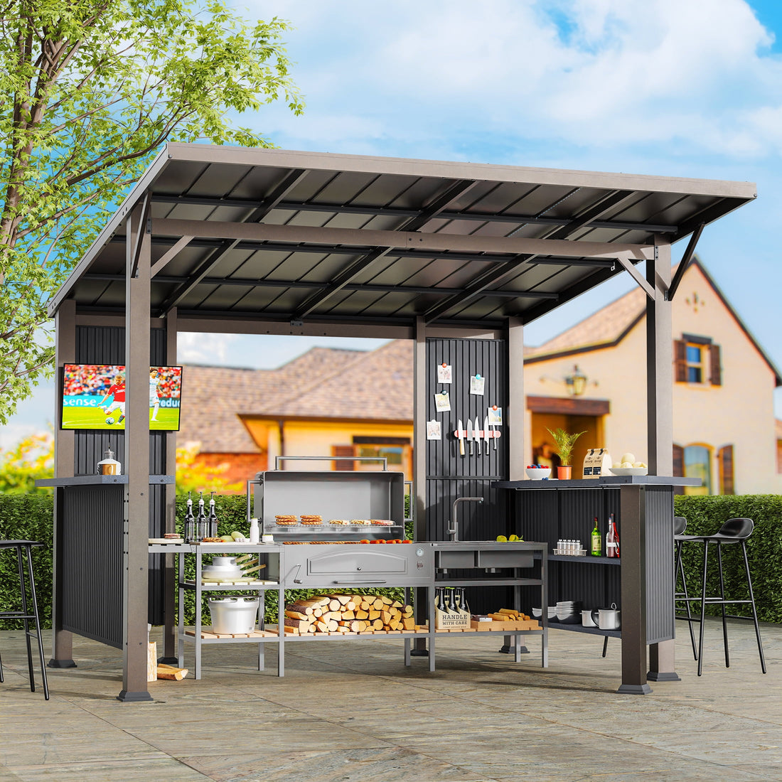 Mazonvintage 10x10ft BBQ Gazebo Canopy Tent with Sloped Roof,Grill Gazebo with Triple Shelves & Movable Bar Table, All-Weather Outdoor Grill Station & Patio Shelter for Mazonvintage Cooking and Patio Deals