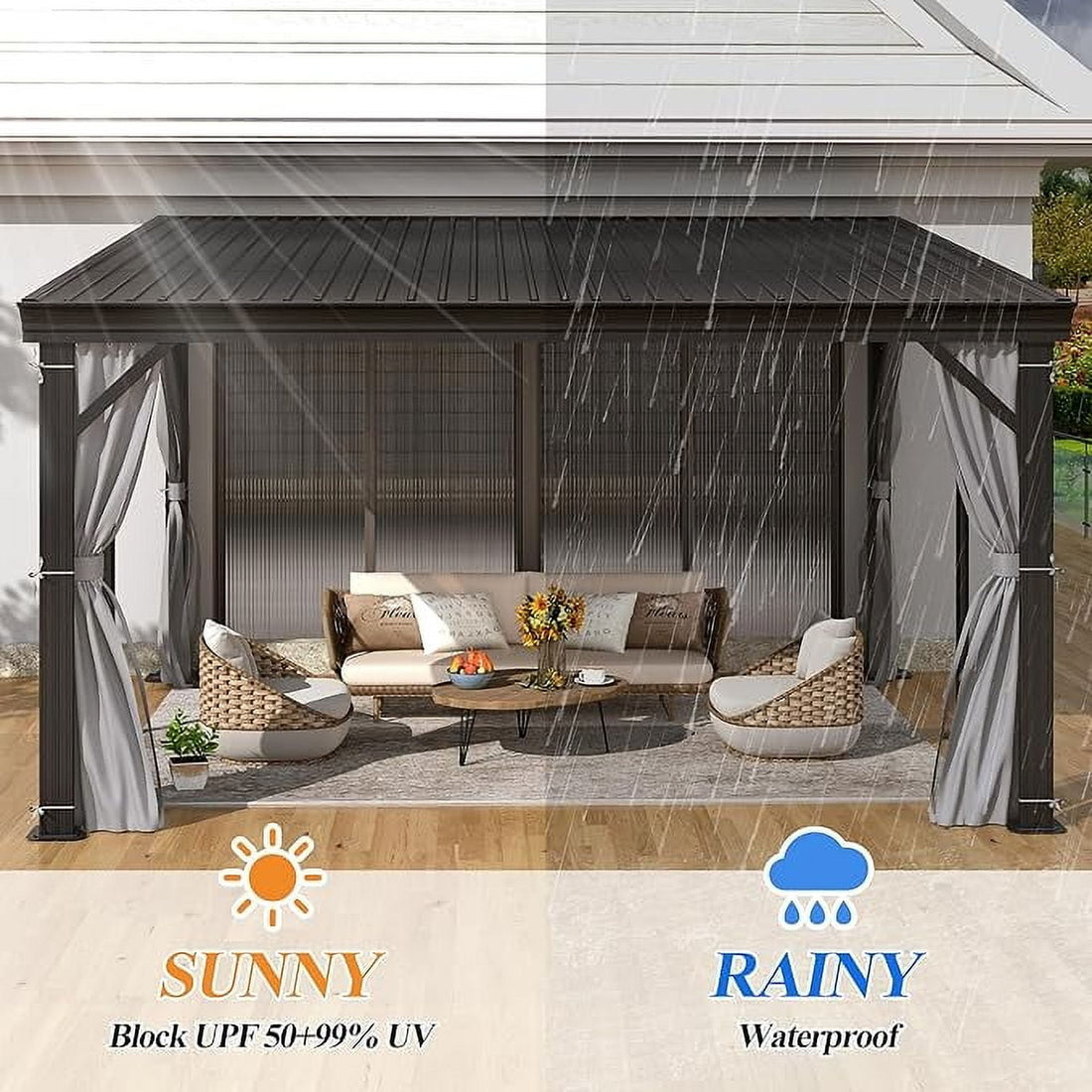 Mazonvintage 10' x 12' Lean to Mazonvintage Gazebo for Patio - Aluminum Frame Gazebos Pergola with Sloping Metal Roof, Outdoor Wall-Mounted Canopy Awnings to House for Patio, Garden, Lawn, Backyard Deck